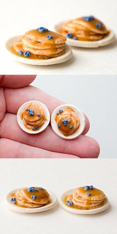 three images of pancakes with blue sprinkles on them