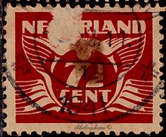 a red and black stamp with an image of a bird on it