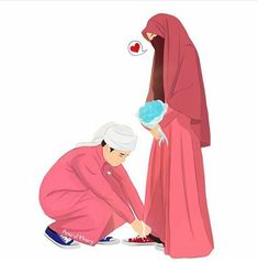 a man kneeling down next to a woman in a pink dress and red head scarf