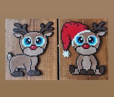 two pieces of beaded art depicting reindeers with blue eyes and red nose sitting on wooden boards