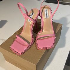 Brand New Size 7 ½ Steve Madden Heels. Pink With Sparkly Pink Beads On The Edges. Box Included Steve Madden Pink Heels, Party Heels With Rhinestones And Square Toe, Beaded Heels For Party, Steve Madden Shoes Outfit, Sweet 16 Shoes, Pale Pink Heels, Graduation Heels, Karen Smith, Pink Sweet 16