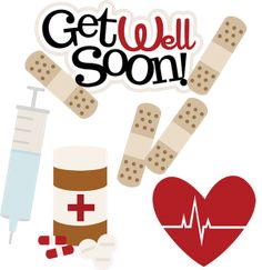 the words get well soon are surrounded by medical items