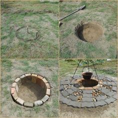 four pictures showing how to build a fire pit in the ground with stones and bricks