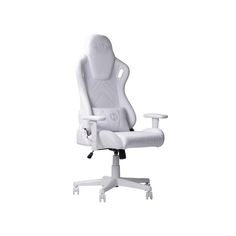 a white office chair sitting on top of a white desk stool with arms and legs