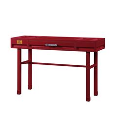 a red table with drawers on it