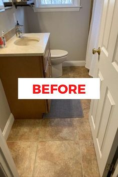 before and after pictures of a bathroom remodel with tile flooring, countertop sink, and toilet