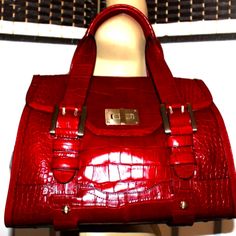 Maxx New York Luxe Red Croco Satchel Size 15.5" X 7" X 10.5", 6" Handles Drop Premium Cowhide Leather, Dark Red Hue, Rich Croco-Embossed Pattern, Polished Champagne Hardware, Protective Bottom Studs, Buckled Straps, Flap With Turn-Lock Closure, Metallic Black Luxe Linings, One Zip And Two Slide Pockets. *Please Note That This Is A High-End Quality Bag Made Of Thick Luxurious Leather, ~Not Lightweight Or Flimsy Mass-Production Quality~. The Perfect Office, Business Woman Bag With Plenty Of Room For Documents And Tech! 100% Authentic Smoke And Pet Free Home Contact Me If You Have Any Questions Thank You:-) Red Business Bag With Silver-tone Hardware, Luxury Red Square Satchel, High-end Red Leather Satchel, Red Leather Bags With Turn-lock Closure, Luxury Red Bags With Gold-tone Hardware, Business Office, Office Bag, Leather Satchel, Dark Red