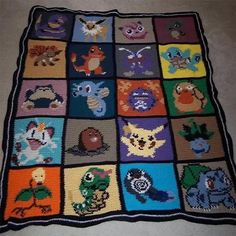 a crocheted blanket with pokemon pictures on it