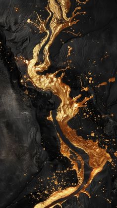 Molten Gold Veins on Velvet Noir. This vertical portrayal features molten gold veins pouring through a velvet noir background. The portrait format emphasizes the dramatic, fluid motion of the gold, creating a striking visual contrast with the deep black velvet. This artwork combines luxury with a dynamic energy, suitable for environments that celebrate opulence and vivid design. Molten Gold Aesthetic, Black And Gold Abstract Art, Dark Gold Aesthetic, Gold Black Aesthetic, Gold Luxury Aesthetic, Gold And Black Aesthetic, Black Gold Aesthetic, Gold Moodboard, Dramatic Wallpaper