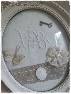 a close up of a white plate with lace and buttons on the bottom, surrounded by other decorative items