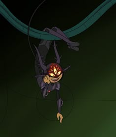 an animated spider hanging upside down in the air with its mouth open and eyes glowing