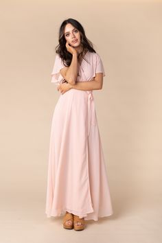 Naples Flutter Sleeve-Peach Blush Bridesmaid Dress Arbor Peach Blush L Blush Bridesmaids, Blush Bridesmaid Dresses, Modest Bridesmaid Dresses, Chiffon Wrap, Peach Blush, Short Dresses Casual, Flattering Dresses, Chiffon Maxi, Flutter Sleeve Dress