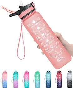 a person holding a water bottle in their hand with the words on it and six colors to choose from