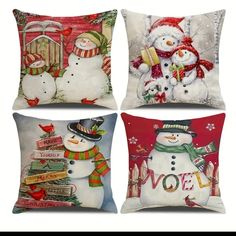 three snowman pillows with different designs on them