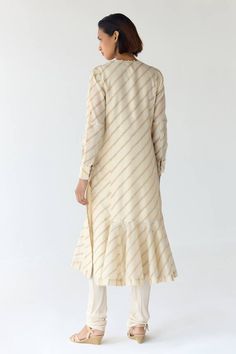 Cloud beige cream kurta with frilled hem, striped, floral hand block prints, fabricated, sequins and thread floral embroidery. Comes with churidar and scarf. - Aza Fashions Striped Kurta, Trouser Pattern, Edge Scarf, Kurta Set For Women, Luxury Sale, Churidar, Kurta Set, Modern Bride, Set For Women