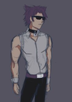 an anime character with purple hair and sunglasses on his head, standing in front of a gray background