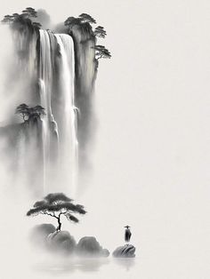 an artistic painting of a waterfall with trees in the foreground and a man standing on a rock outcropping