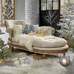 a living room filled with furniture and christmas trees