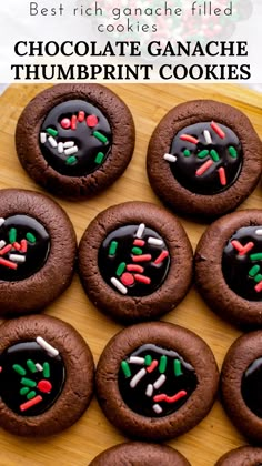 chocolate ganache thumbprint cookies on a cutting board