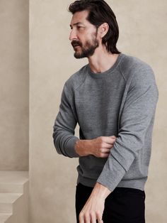 Franco Italian Merino Crew-Neck Sweater | Banana Republic Business Casual Sweater, Jojo Pose, Headshot Inspiration, Fashion Guys, People References, Mens Pullover Sweater, Wool Sweater Men, Grey Quarter Zip, Navy Blue Sweater