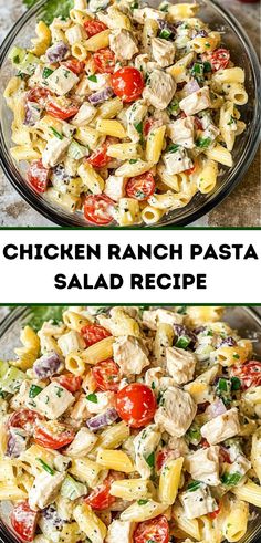 chicken ranch pasta salad in a glass bowl