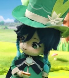 a close up of a stuffed animal wearing a green hat and dress with long hair