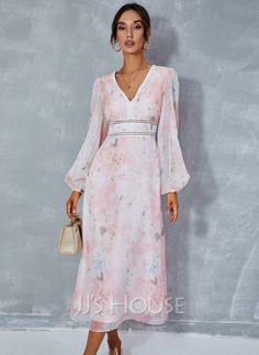 V-Neck Elegant Vacation A-line Chiffon Midi Dresses (295265673) - JJ's House Cocktail Dresses With Sleeves, Mother Of Bride Outfits, Mother Of Groom Dresses, Floral Print Chiffon, Chiffon Midi Dress, Tea Length Dresses, Chiffon Maxi, Tulle Prom Dress, Groom Dress