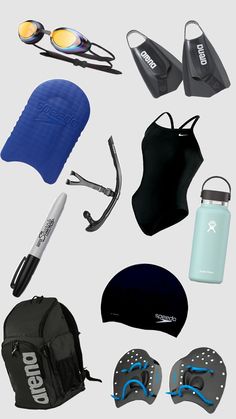 an assortment of items that include swimming gear, sunglasses and water bottle are shown in this image