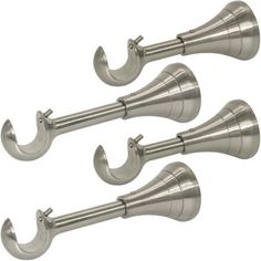 three stainless steel curtain hooks on a white background