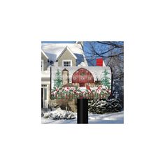 a mailbox covered in snow with a red barn and christmas trees on it's front