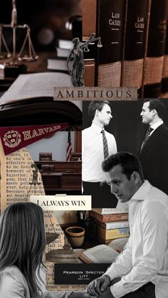 a collage of photos with law books and people