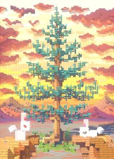 a pixelated image of a tree in the middle of a desert with clouds above it