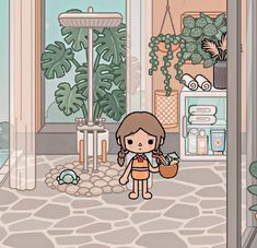 a cartoon girl holding a basket in a room with plants and other items on the floor