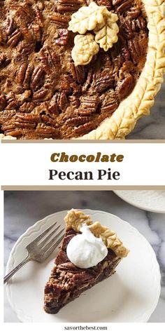 chocolate pecan pie with whipped cream on top