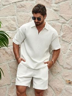 White Casual Collar   Plain  Embellished Non-Stretch  Men Clothing Men Summer Outfit Ideas, Mens Summer Casual, White Man Outfit, Summer Fit For Men, South Of France Mens Fashion, Mens Summer Wear, Zara Man Outfit, Honeymoon Outfits Men, Men Holiday Outfit Summer