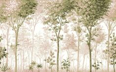 a painting of trees and bushes in the woods with pink flowers on it's branches