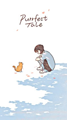 a person kneeling down next to a cat on the water with text that reads purfect tace