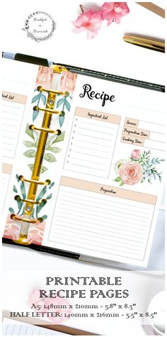 a recipe book with flowers on it and the words printable recipe pages above it