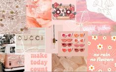 a collage of pink and white images with words, flowers, hearts, sun glasses