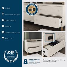 an advertisement for the furniture store with images of dressers and drawers in different styles