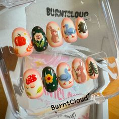 Welcome to BurntCloud Nails!  All the press on nails are handpainted by us, all photos are taken by us and show real products. (Actual colors may slightly vary due to photographic lighting sources and screen display differences.) We only use good quality materials, thus our press on nails are safe, exquisite, and durable. They are not rough machine-made pressons.  Message us if you are unsure about anything, and we will respond immediately once we see (up to 24 hrs).  Please confirm before ordering: 1. Choose Shape: available shapes for this design are listed in the "shape" option. 2. Choose Size: size guide is listed in pics attached. If preset sizes don't work for you, use the custom section to add a note on your size, for example: "L: 15, 10, 9, 10, 8. R: 15, 11, 9,11, 8." If you are no Random Nails, Duck Or Rabbit, Nails Fake, Cute Rabbit, Stick On Nails, Nails Coffin, Custom Hand Painted, In The Forest, Photographic Lighting