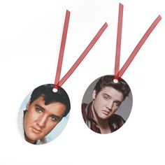 two tags with the faces of elvis presley on them hanging from red ribboned strings