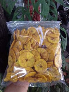 a person holding up a bag full of peeled banana slices in front of some plants