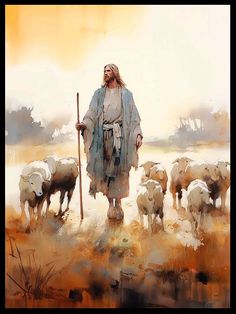 a painting of jesus standing in front of a herd of sheep and holding a stick