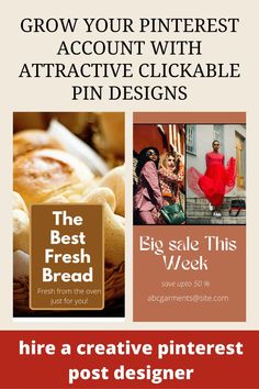 an advertisement for pin designs with the words, grow your pinterest account with attractive clickable pin designs