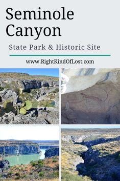 the state park and historic site is featured in this postcard for seminole canyon