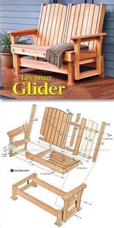 a wooden bench and chair with plans to build it on the front porch or patio