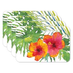 four placemats with flowers and leaves on the top one is red, orange, yellow and green