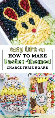 an easy to make easter themed charure board made out of cereals and fruit