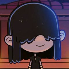 a cartoon girl with long black hair standing in front of a building